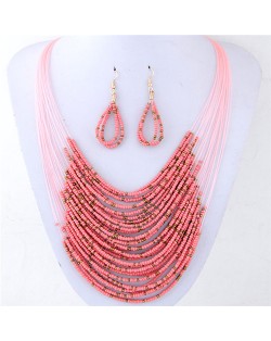 Contrast Colors Beads Fashion Multi-layer Costume Necklace and Earrings Set - Pink