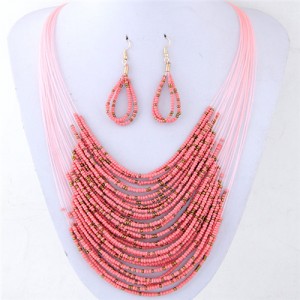 Contrast Colors Beads Fashion Multi-layer Costume Necklace and Earrings Set - Pink