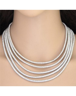 High Fashion Multi-layers with Magnetic Lock Rope Costume Necklace - Silver