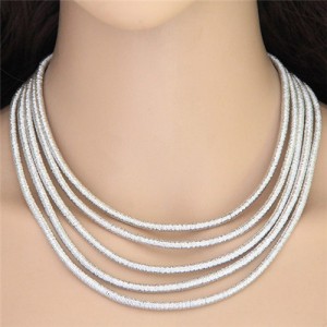 High Fashion Multi-layers with Magnetic Lock Rope Costume Necklace - Silver
