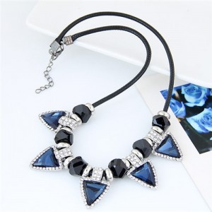 Rhinestone Embellished Ink Blue Glass Triangles Rope Fashion Necklace