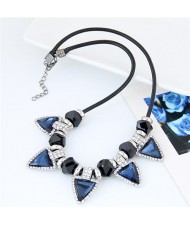Rhinestone Embellished Ink Blue Glass Triangles Rope Fashion Necklace