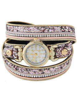 Tiny Sequins Embellished Triple Layers Vintage Fashion Golden Women Wrist Watch - Pink