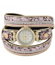 Tiny Sequins Embellished Triple Layers Vintage Fashion Golden Women Wrist Watch - Pink