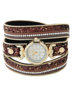 Tiny Sequins Embellished Triple Layers Vintage Fashion Golden Women Wrist Watch - Coffee