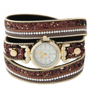 Tiny Sequins Embellished Triple Layers Vintage Fashion Golden Women Wrist Watch - Coffee