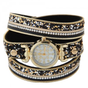 Tiny Sequins Embellished Triple Layers Vintage Fashion Golden Women Wrist Watch - Black