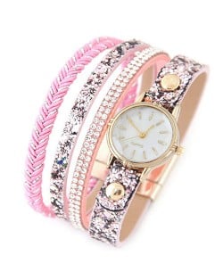 Shining Beads and Tiny Sequins Decorated Four Layers Twining Fashion Wrist Watch - Pink