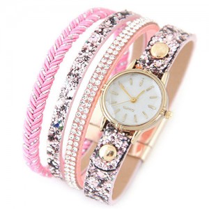 Shining Beads and Tiny Sequins Decorated Four Layers Twining Fashion Wrist Watch - Pink