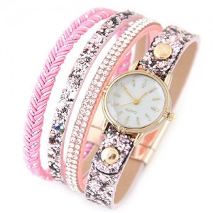 Shining Beads and Tiny Sequins Decorated Four Layers Twining Fashion Wrist Watch - Pink