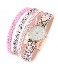 Shining Beads and Tiny Sequins Decorated Four Layers Twining Fashion Wrist Watch - Pink