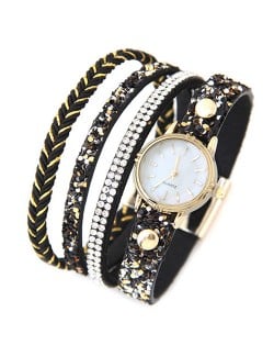 Shining Beads and Tiny Sequins Decorated Four Layers Twining Fashion Wrist Watch - Black