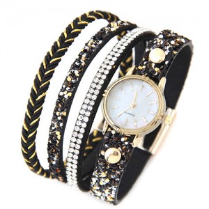 Shining Beads and Tiny Sequins Decorated Four Layers Twining Fashion Wrist Watch - Black