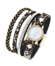 Shining Beads and Tiny Sequins Decorated Four Layers Twining Fashion Wrist Watch - Black
