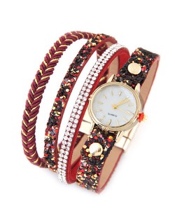 Shining Beads and Tiny Sequins Decorated Four Layers Twining Fashion Wrist Watch - Red