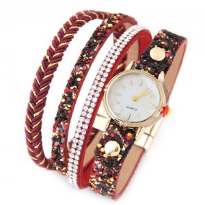 Shining Beads and Tiny Sequins Decorated Four Layers Twining Fashion Wrist Watch - Red