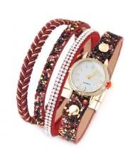 Shining Beads and Tiny Sequins Decorated Four Layers Twining Fashion Wrist Watch - Red