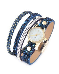 Shining Beads and Tiny Sequins Decorated Four Layers Twining Fashion Wrist Watch - Blue