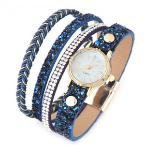 Shining Beads and Tiny Sequins Decorated Four Layers Twining Fashion Wrist Watch - Blue