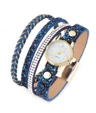 Shining Beads and Tiny Sequins Decorated Four Layers Twining Fashion Wrist Watch - Blue
