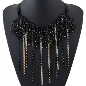 Mini Beads and Contrast Colors Chain Tassels Rope Fashion Necklace - Black