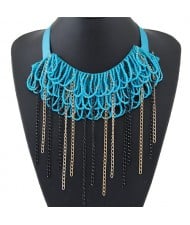 Mini Beads and Contrast Colors Chain Tassels Rope Fashion Necklace - Sky Blue