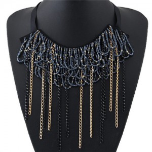 Mini Beads and Contrast Colors Chain Tassels Rope Fashion Necklace - Ink Blue
