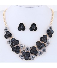 Prosperious Flowers Cluster Design Fashion Statement Necklace and Earrings Set - Black