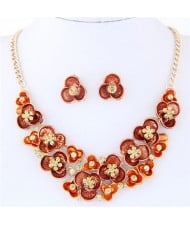Prosperious Flowers Cluster Design Fashion Statement Necklace and Earrings Set - Champagne