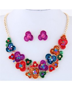Prosperious Flowers Cluster Design Fashion Statement Necklace and Earrings Set - Multicolor