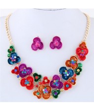 Prosperious Flowers Cluster Design Fashion Statement Necklace and Earrings Set - Multicolor