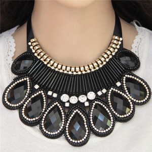 Bohemian Fashion Resin Gems Inlaid Waterdrops Design Chunky Costume Necklace - Black