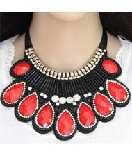 Bohemian Fashion Resin Gems Inlaid Waterdrops Design Chunky Costume Necklace - Red