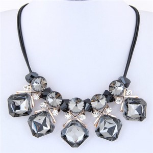 Shining Cubic Glass Gems High Fashion Short Rope Costume Necklace - Gray