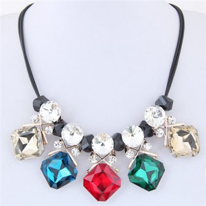 Shining Cubic Glass Gems High Fashion Short Rope Costume Necklace - Multicolor