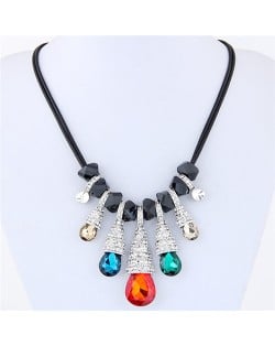 Rhinestone Decorated Glass Waterdrops and Beads Design Rope Costume Necklace - Multicolor