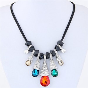 Rhinestone Decorated Glass Waterdrops and Beads Design Rope Costume Necklace - Multicolor