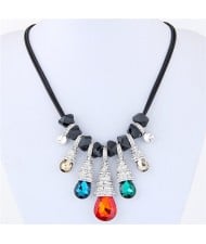 Rhinestone Decorated Glass Waterdrops and Beads Design Rope Costume Necklace - Multicolor
