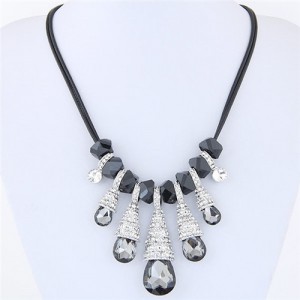 Rhinestone Decorated Glass Waterdrops and Beads Design Rope Costume Necklace - Gray