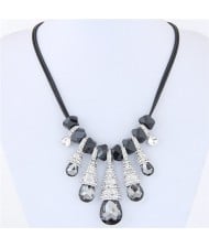 Rhinestone Decorated Glass Waterdrops and Beads Design Rope Costume Necklace - Gray