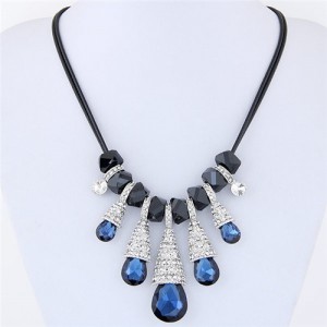 Rhinestone Decorated Glass Waterdrops and Beads Design Rope Costume Necklace - Ink Blue