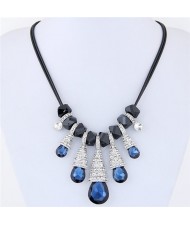 Rhinestone Decorated Glass Waterdrops and Beads Design Rope Costume Necklace - Ink Blue