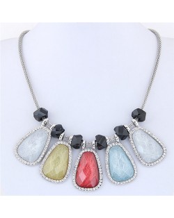 Rhinestone Rimmed Colorful Resin Gem Pendants Short Fashion Statement Necklace