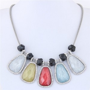 Rhinestone Rimmed Colorful Resin Gem Pendants Short Fashion Statement Necklace
