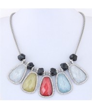 Rhinestone Rimmed Colorful Resin Gem Pendants Short Fashion Statement Necklace