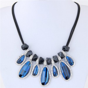 Rhinestone Rimmed Irregular Waterdrop Pendants Dual Layers Rope Costume Necklace - Blue