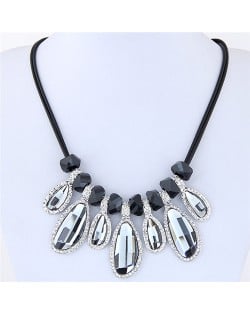 Rhinestone Rimmed Irregular Waterdrop Pendants Dual Layers Rope Costume Necklace - Gray