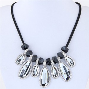 Rhinestone Rimmed Irregular Waterdrop Pendants Dual Layers Rope Costume Necklace - Gray