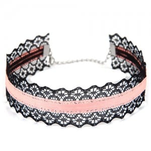 Pink Cloth Attached Black Lace Choker Costume Necklace