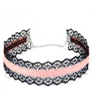 Pink Cloth Attached Black Lace Choker Costume Necklace